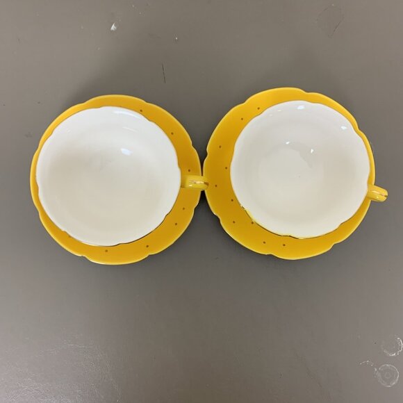 Anthropologie Blue Bird Yellow Teacup Saucer Set of 2 Cups Gold Polka Dots - Picture 2 of 13